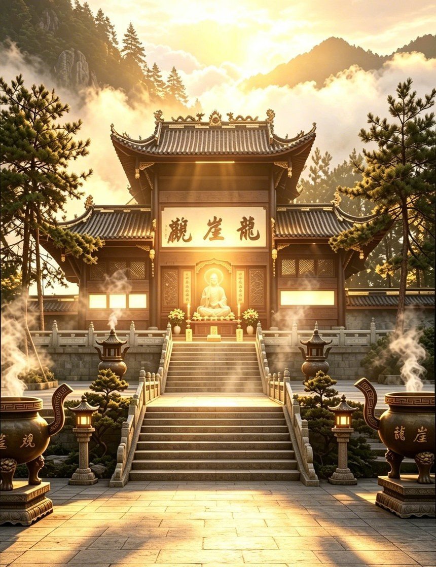 龍崖觀 · 山門 · 遠景石階匾額香爐